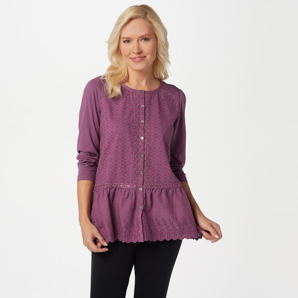 Logo Lavish Top Tunic Button Front Eyelet Ruffle Long Sleeve Red Size Medium